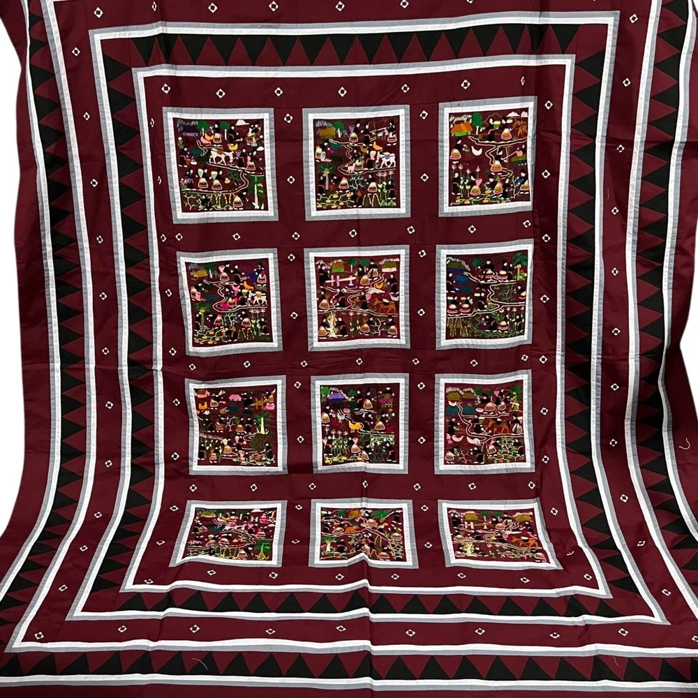 Large Vintage Hmong Story Cloth Bedspread‎ 80x94 Hand Embroidered Full Queen